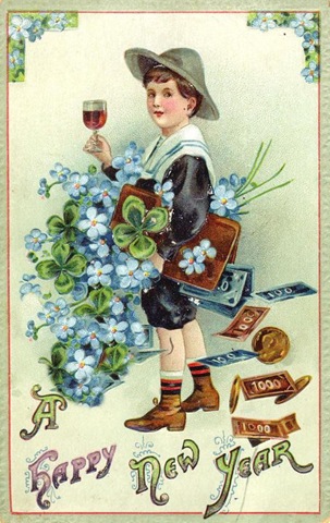 New-year-cards-boy-with-wine-four-leaf-clovers-money-blue-flowers